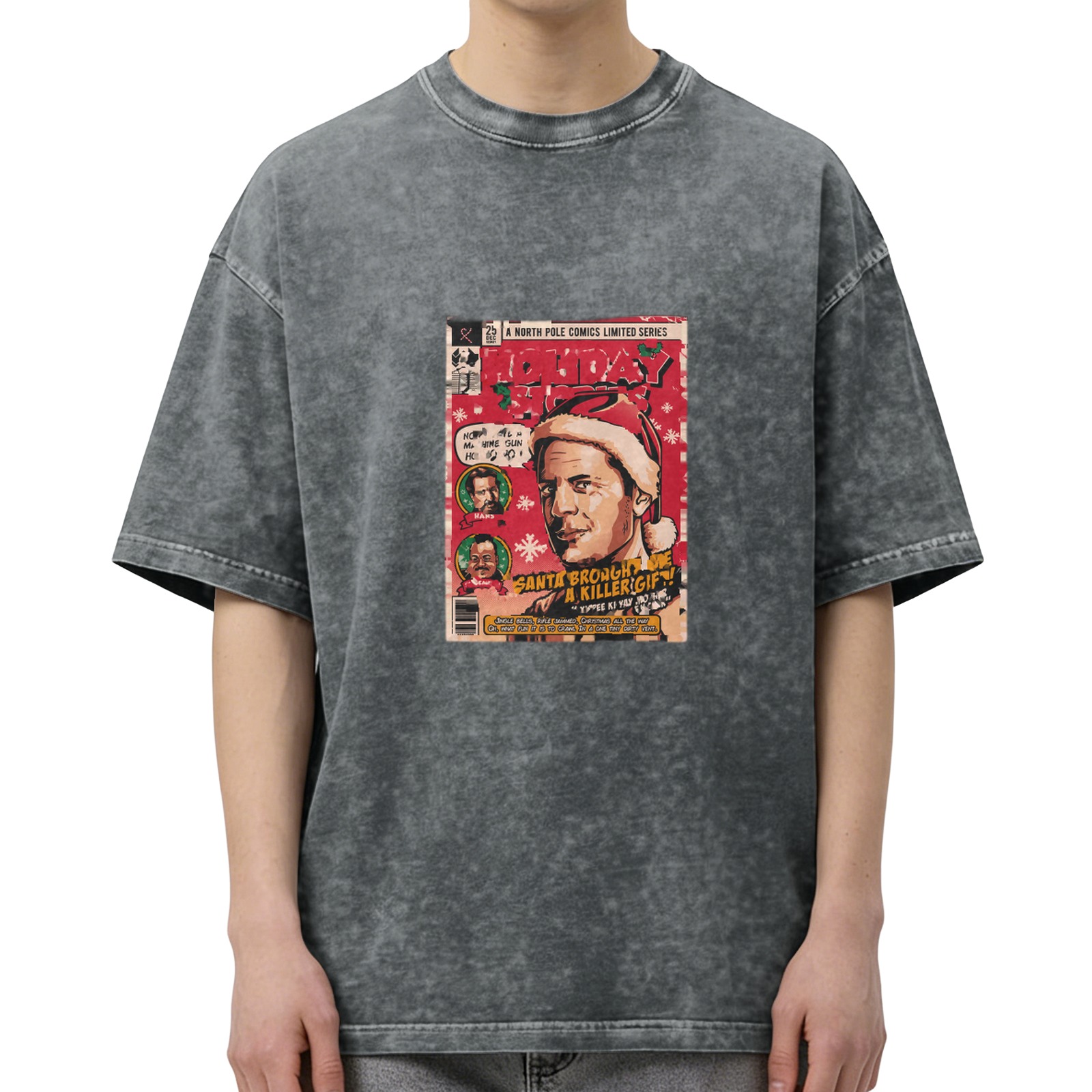 Oversized Washed Black T-Shirt with Die Hard Christmas Comic Book Print