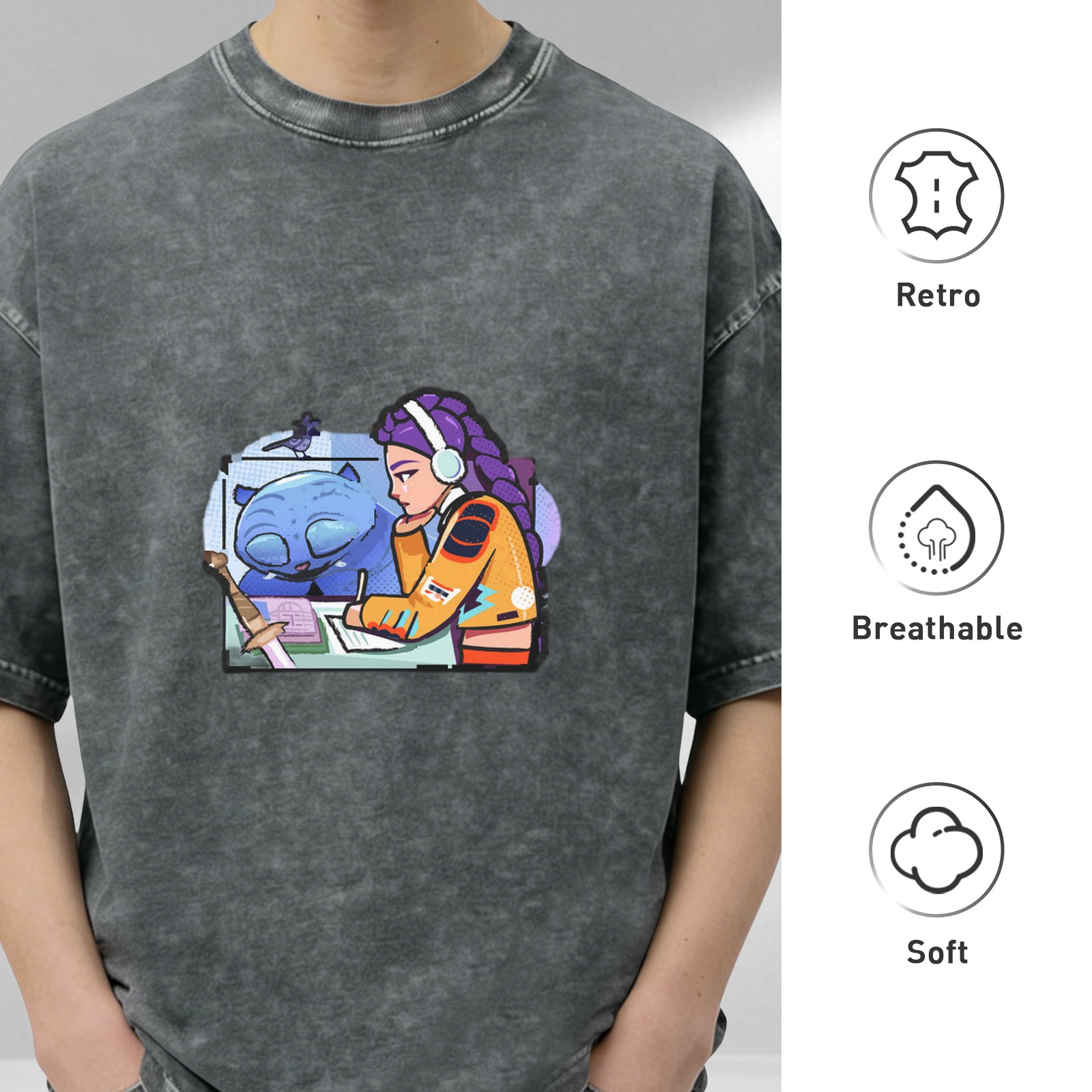 Washed graphic tee with anime girl and blue cat illustration