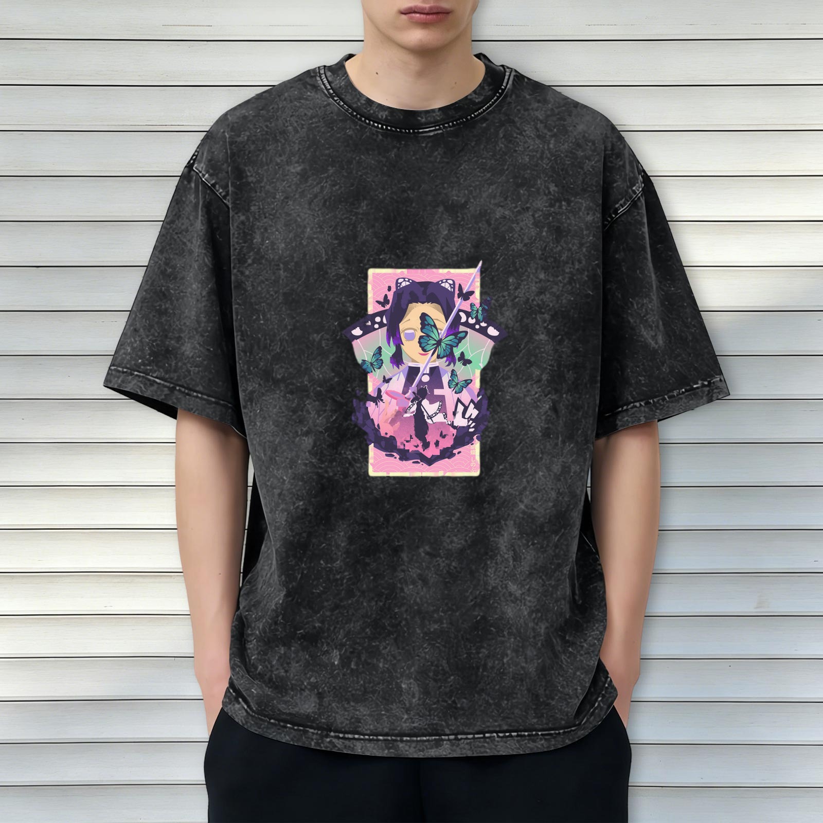 Demon Slayer: Kimetsu no Yaiba Butterfly Ninja themed distressed washed black short-sleeved T-shirt