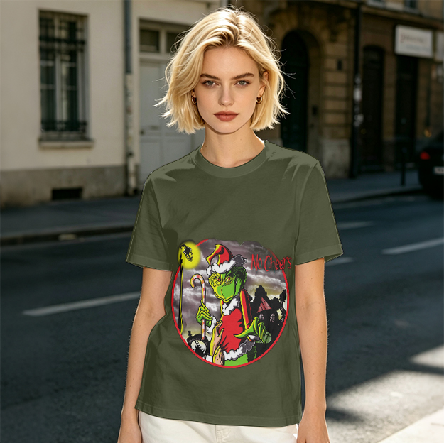 Olive T-shirt with Grinch 'No Cheers' Christmas Graphic Print