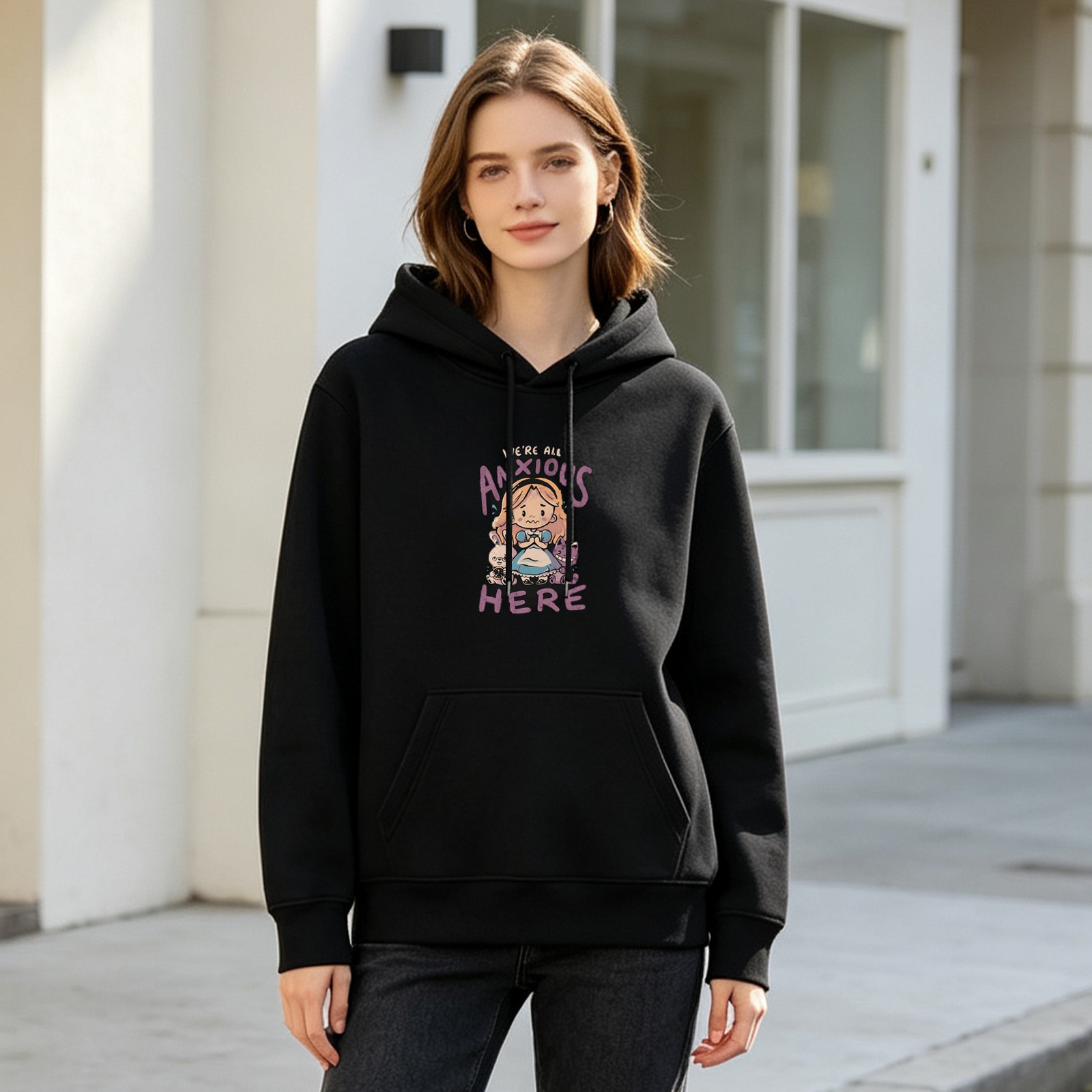 Black hoodie with anxious Alice in Wonderland graphic print