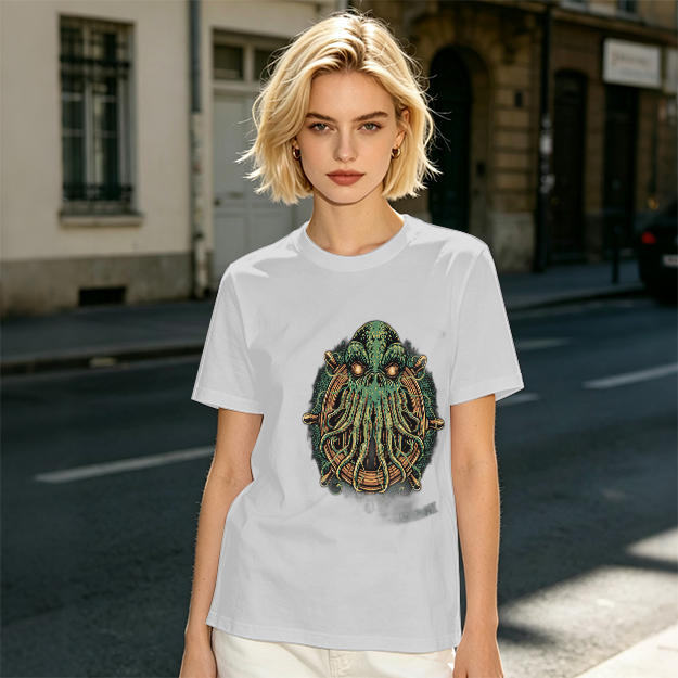 Olive Green T-Shirt With Cthulhu Ship Wheel Graphic