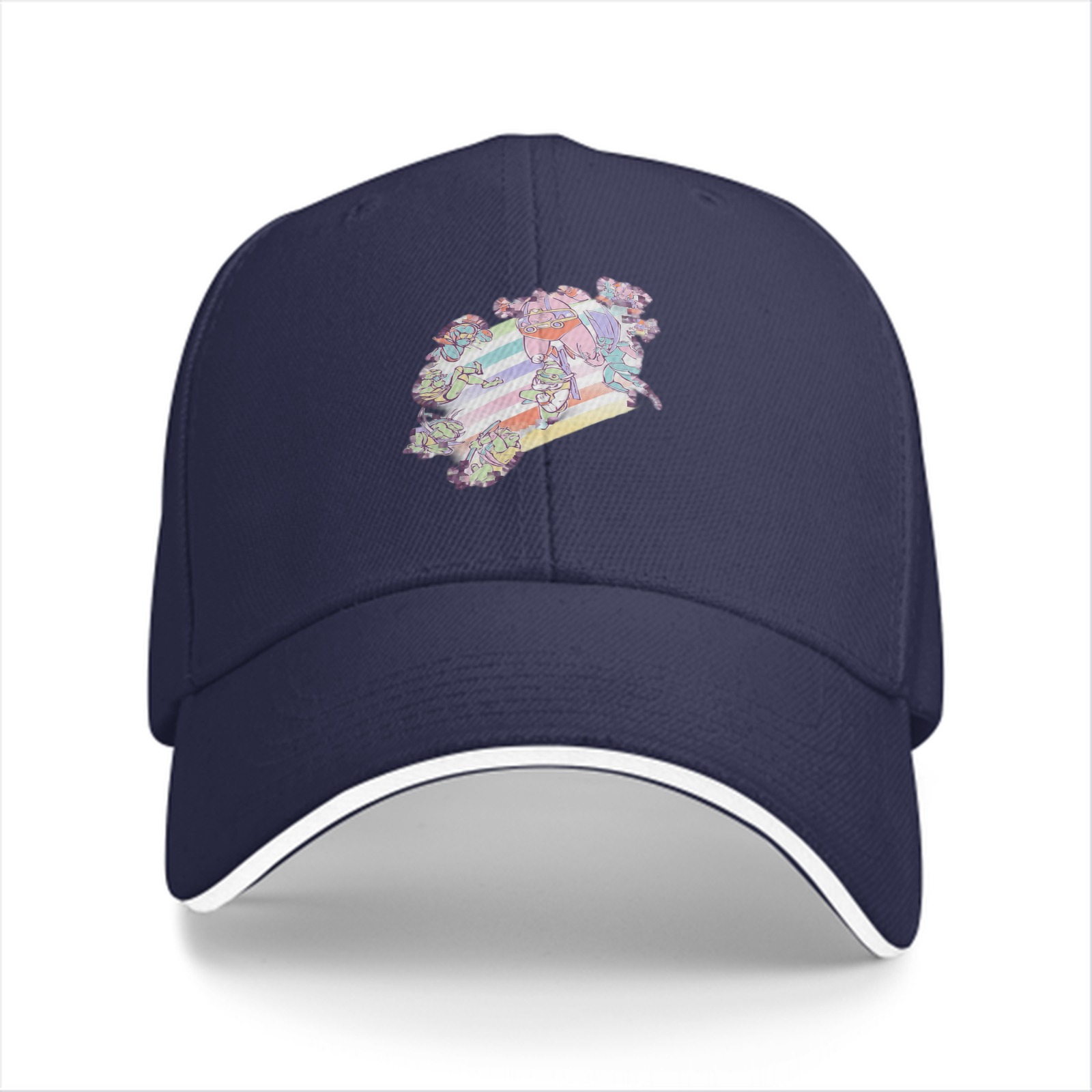 Black Baseball Cap With Pastel Rainbow Anime Character Print