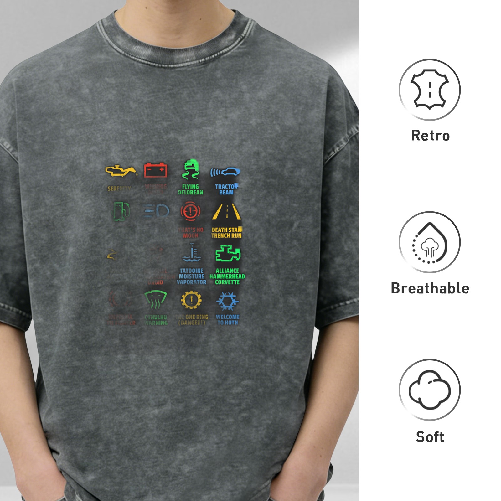 Star Wars Car Dashboard Warning Icons Graphic Acid Wash T-Shirt