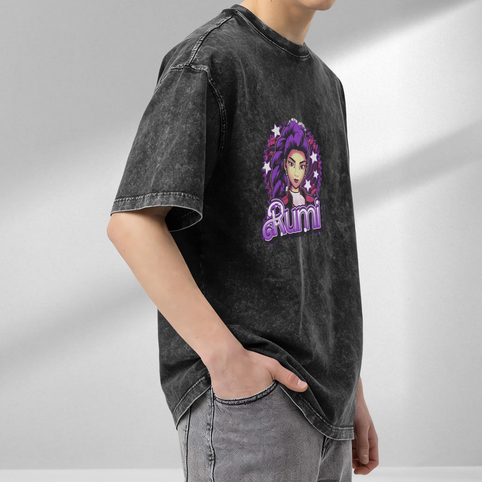 Oversized Black Acid Wash T-Shirt With Rumi Graphic Print