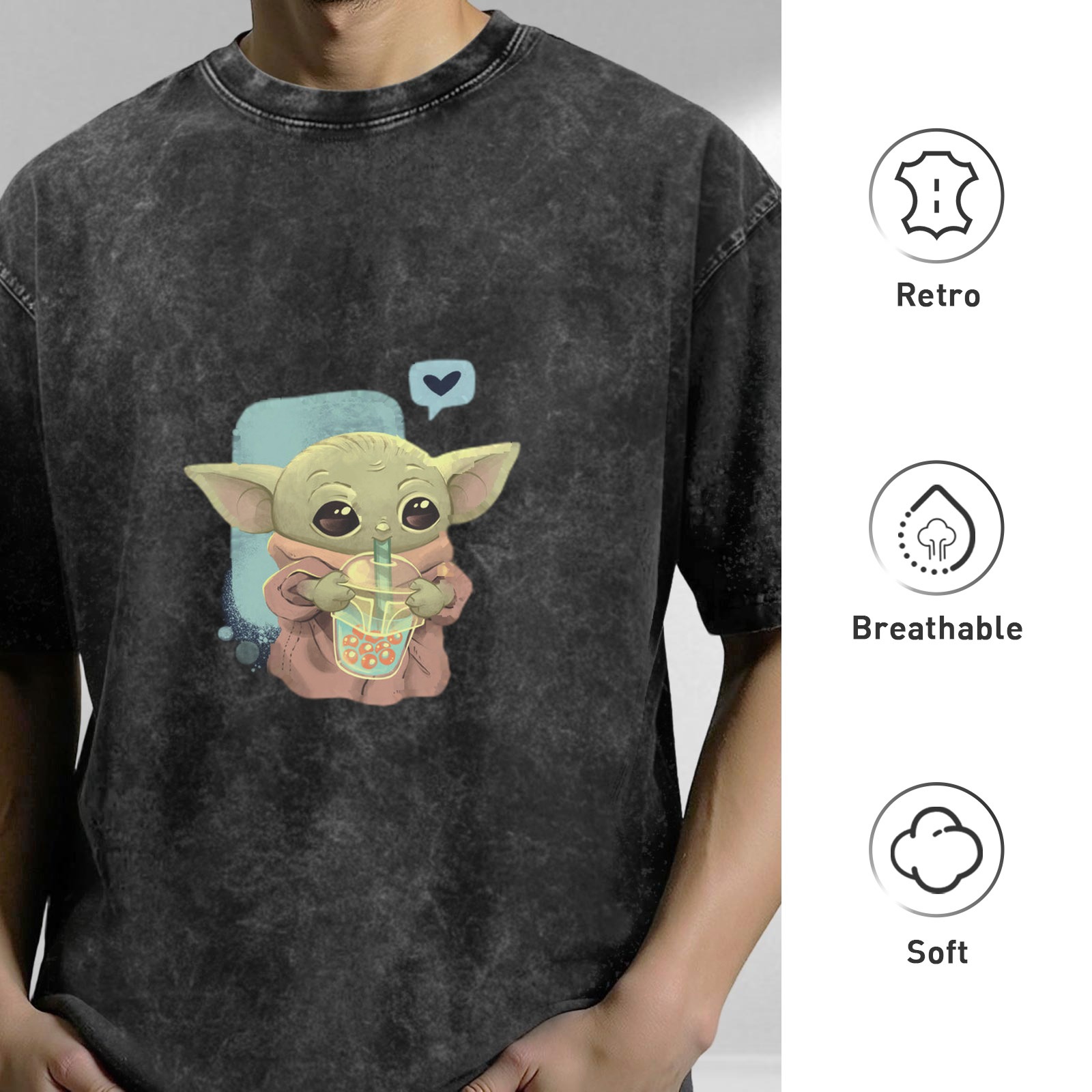 Baby Yoda Drinking Boba Tea Vintage Wash T-shirt