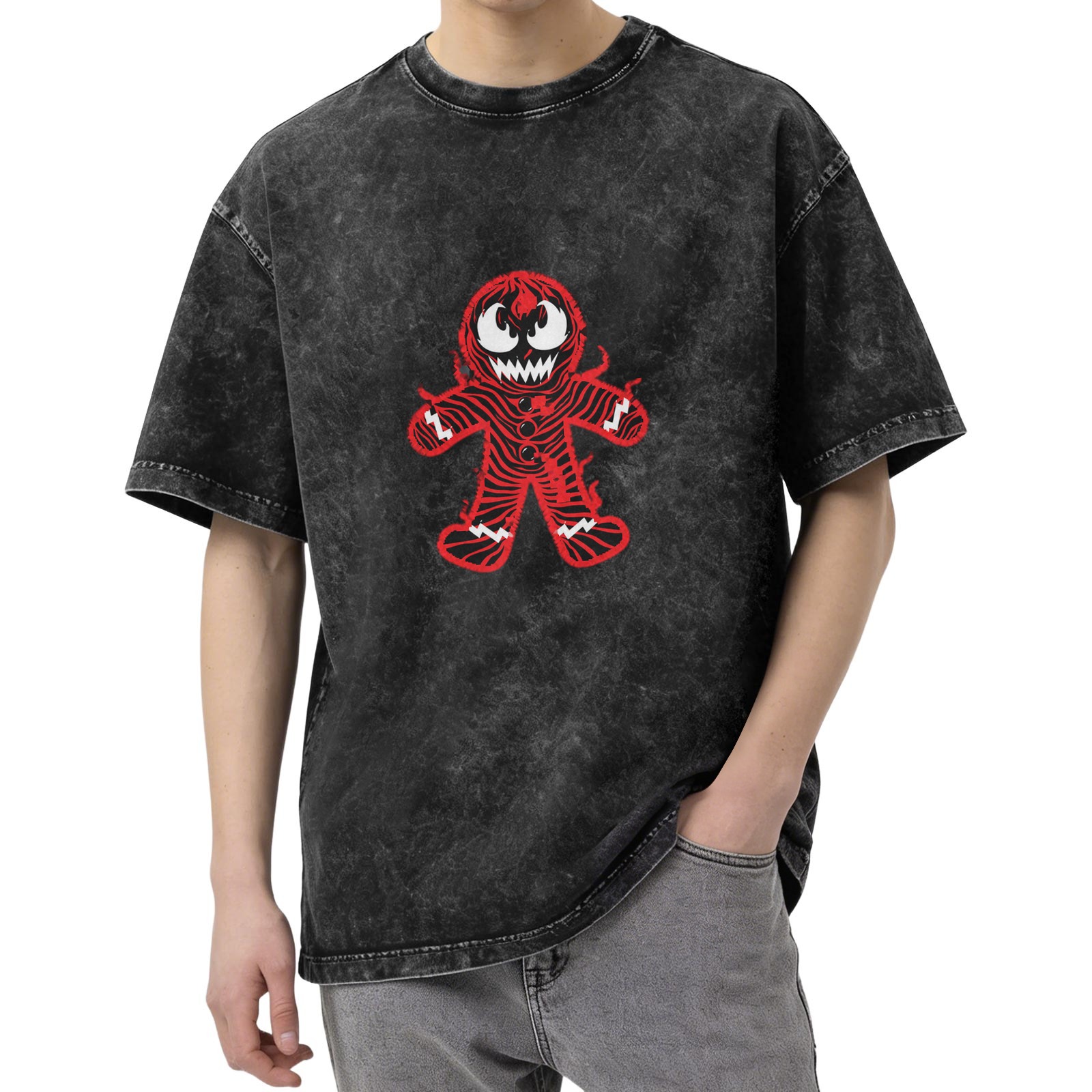 Oversized Acid Wash T-Shirt With Evil Gingerbread Man Print