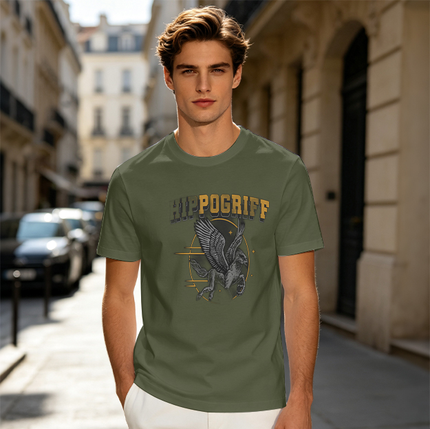 Olive Graphic T-Shirt Featuring Hippogriff Design