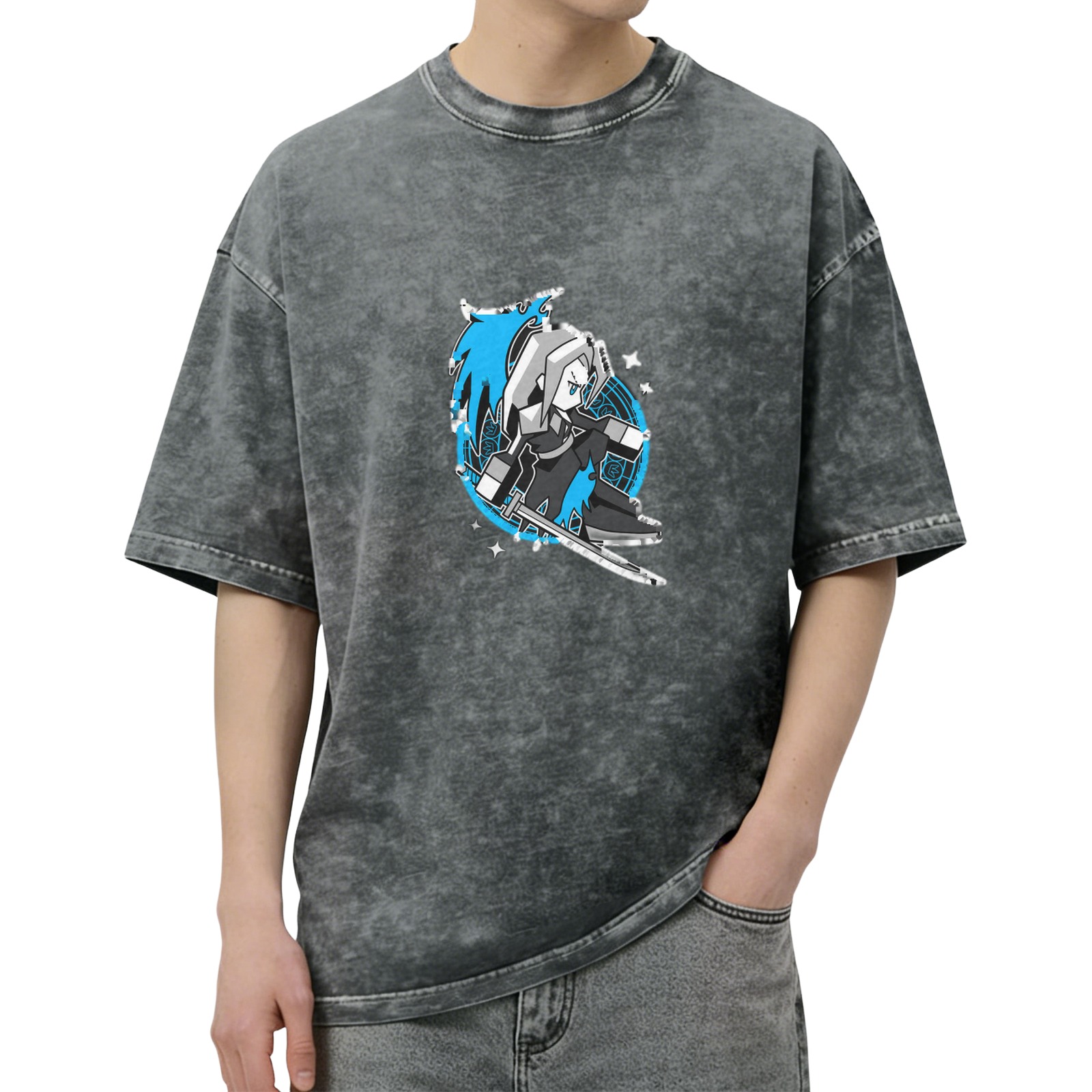 Oversized Dark Wash T-Shirt With Chibi Fantasy Villain Print