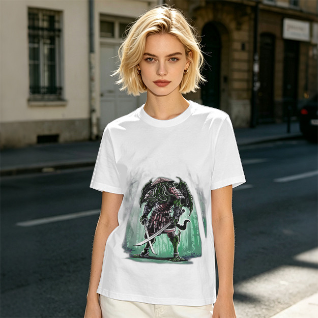 Olive T-Shirt With Samurai Cthulhu Warrior Graphic Print