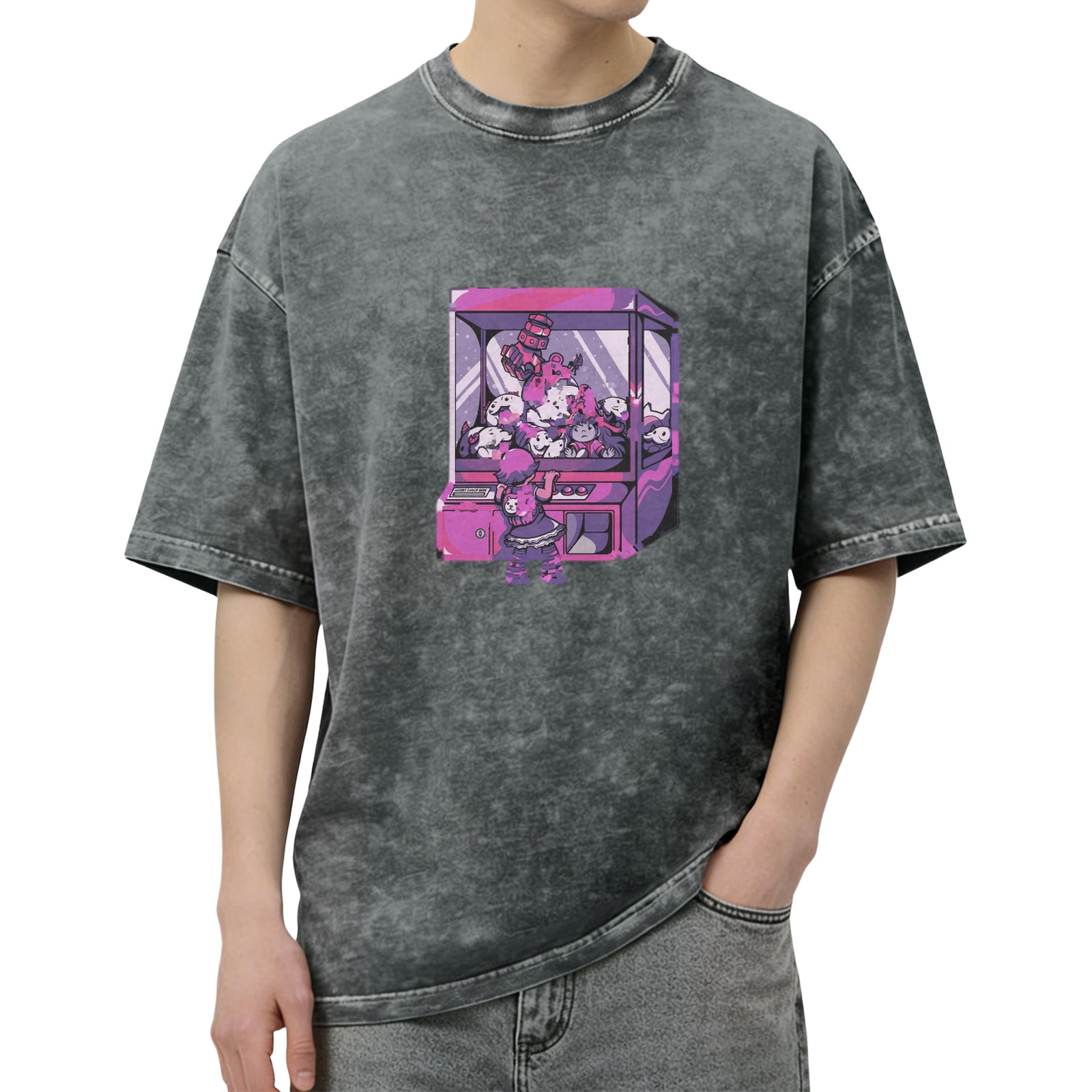 Oversized acid wash t-shirt with anime claw machine graphic