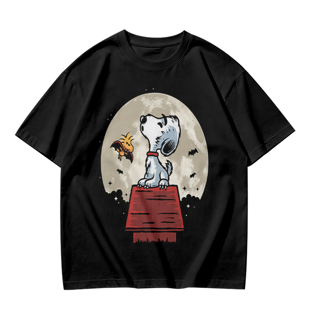 Snoopy and Woodstock on Doghouse Under Full Moon T-Shirt