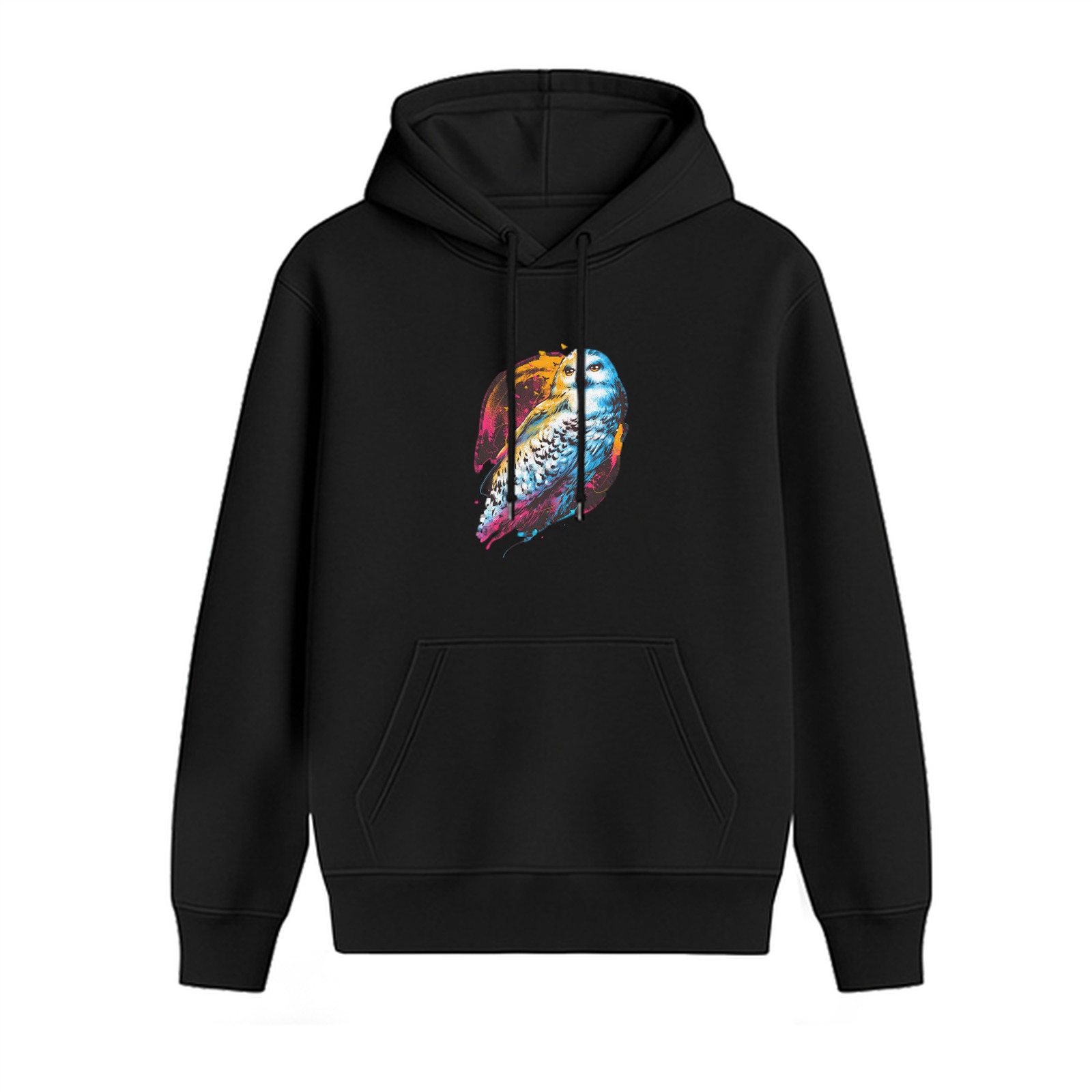Black Hoodie With Vibrant Artistic Owl Graphic Print