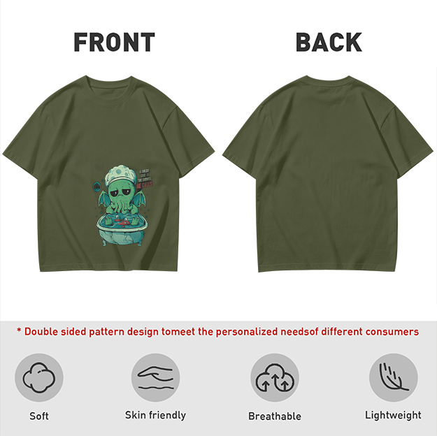Olive T-shirt with Cute Sad Cthulhu Bathing Graphic