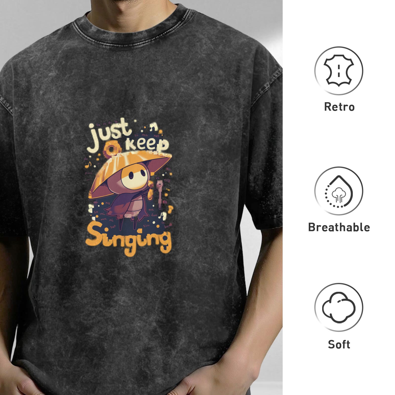 Just Keep Singing Mushroom Character Graphic Acid Wash T-Shirt
