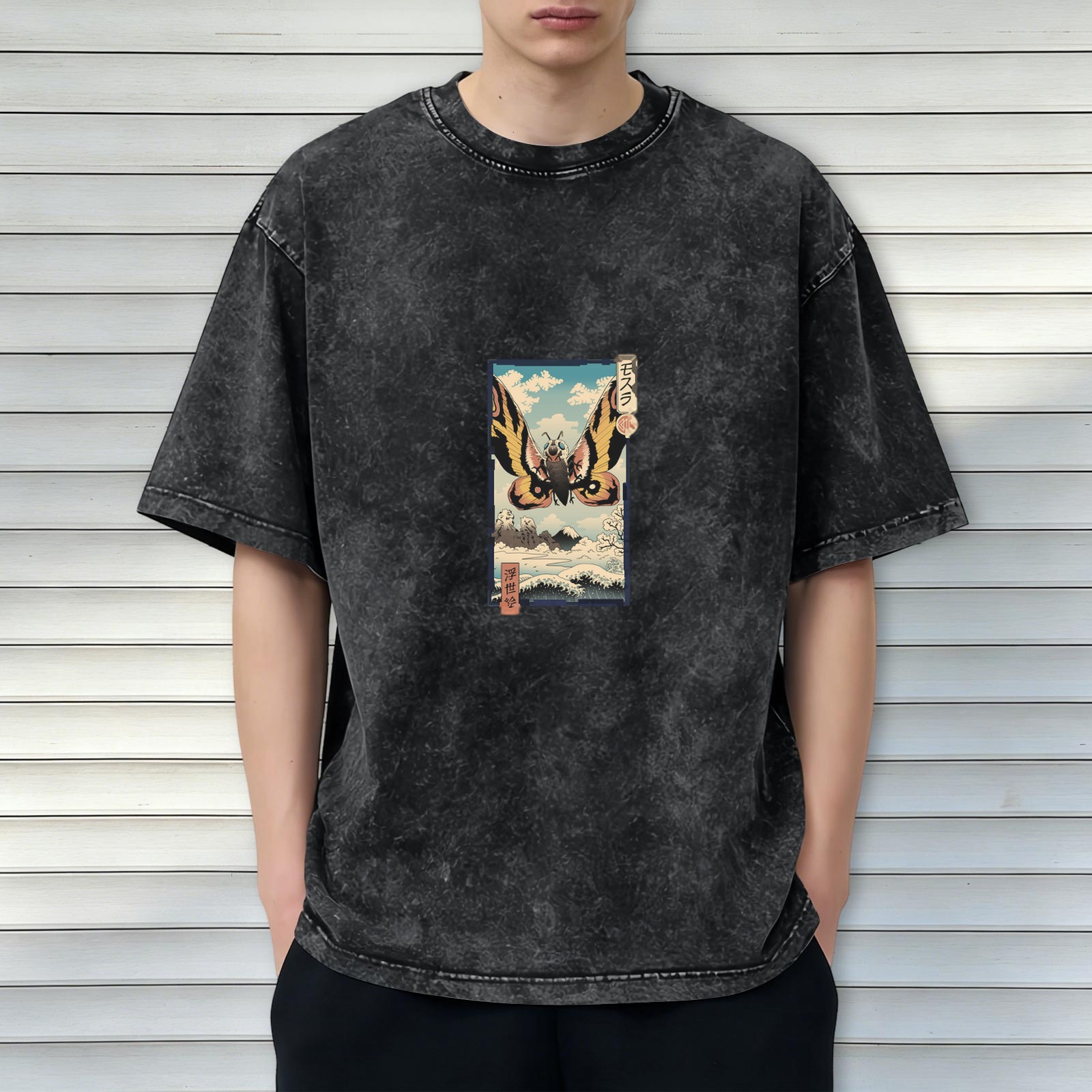 Vintage Washed Black T-Shirt with Japanese Ukiyo-e Style Moth Print