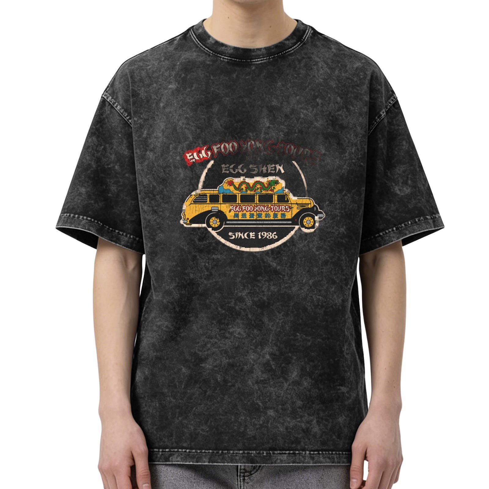 Vintage Acid Wash T-Shirt with Retro Tour Bus Graphic