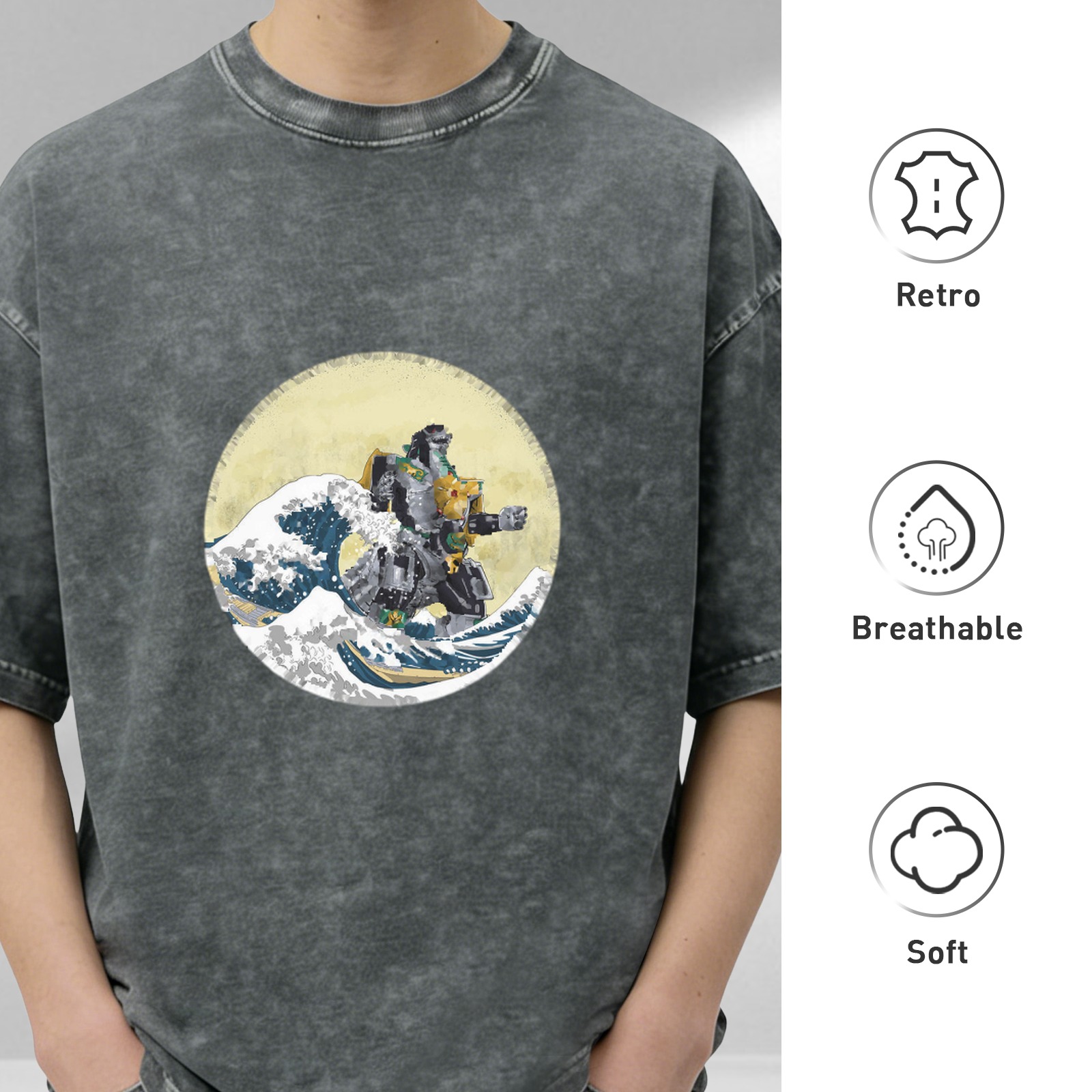 Oversized Acid Wash T-Shirt with Great Wave of Kanagawa x Mecha Robot Graphic Print