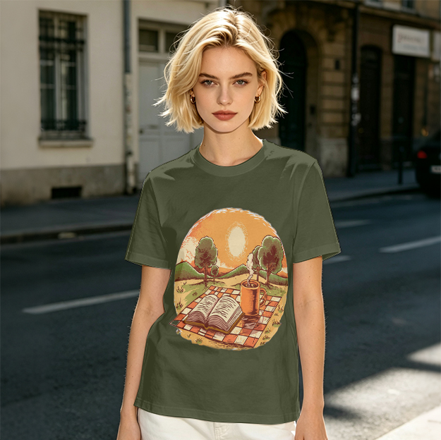 Olive T-Shirt with Sunset Picnic Book and Coffee Art