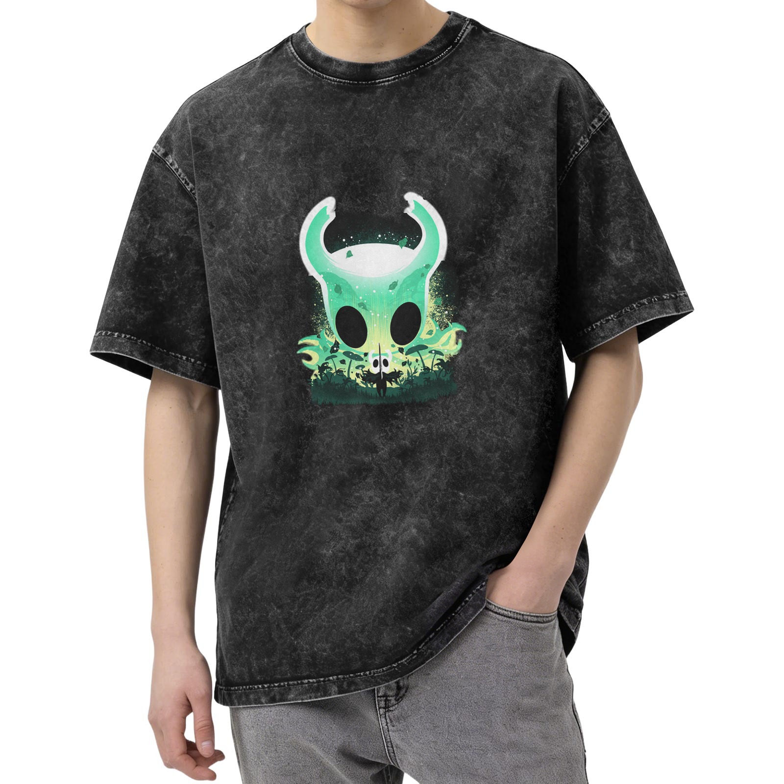 Oversized Dark Wash T-Shirt With Glowing Green Horned Skull Art