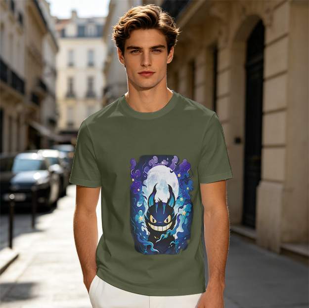 Olive T-Shirt with Dark Fantasy Creature and Full Moon Graphic