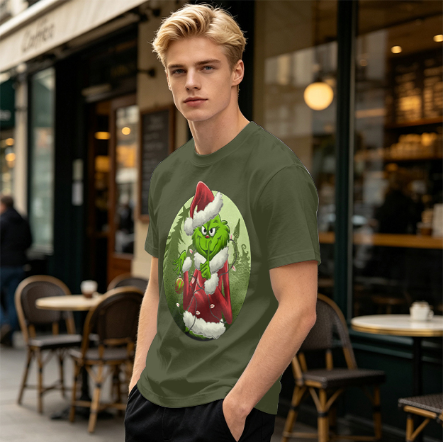 Olive Green T-Shirt Featuring The Grinch In Santa Costume
