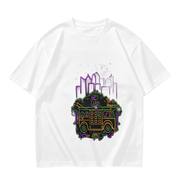 Olive T-Shirt With Neon City Bus Graphic Design