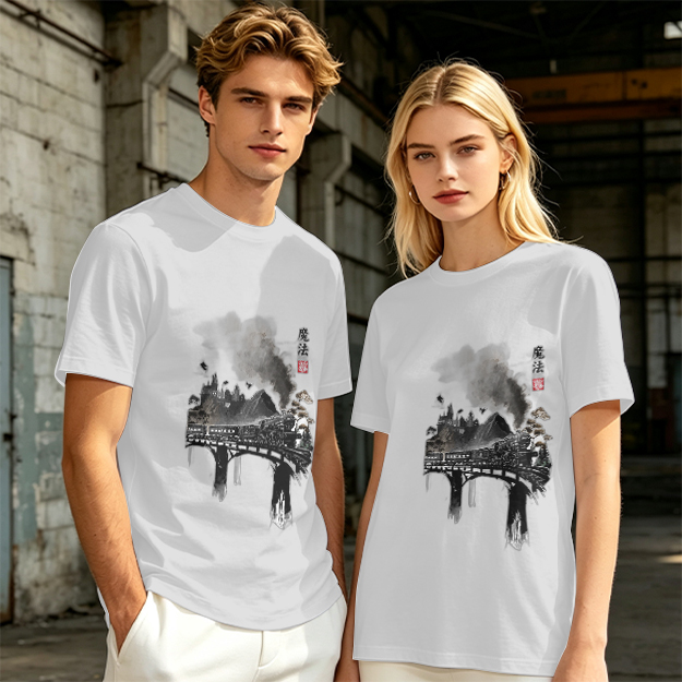 Olive green t-shirt with ink-style piano and landscape graphic