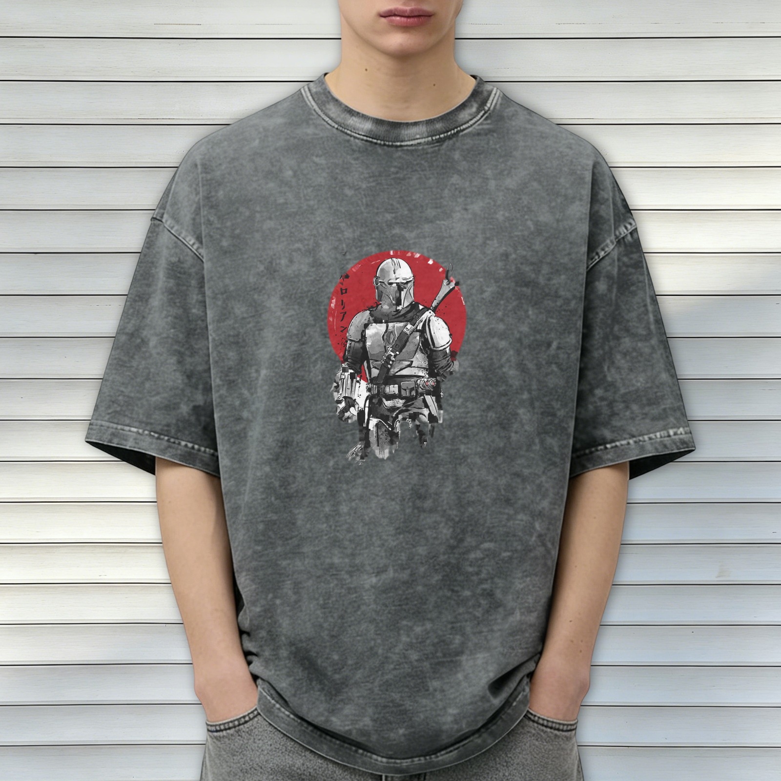 Washed Black T-Shirt With Mandalorian Warrior Red Circle Graphic