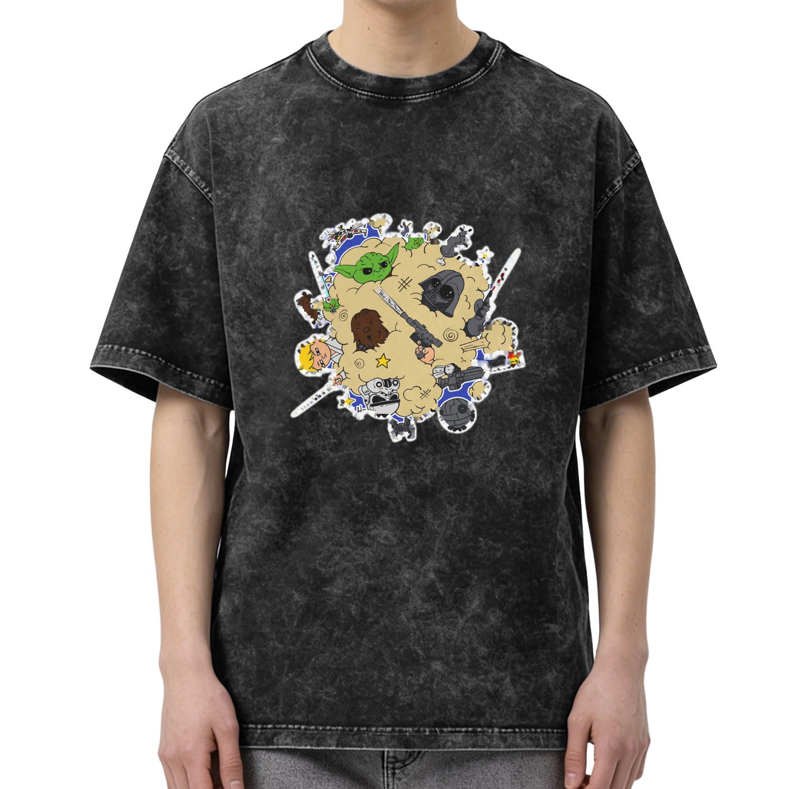 Washed Black T-Shirt With Cute Star Wars Character Collage Print