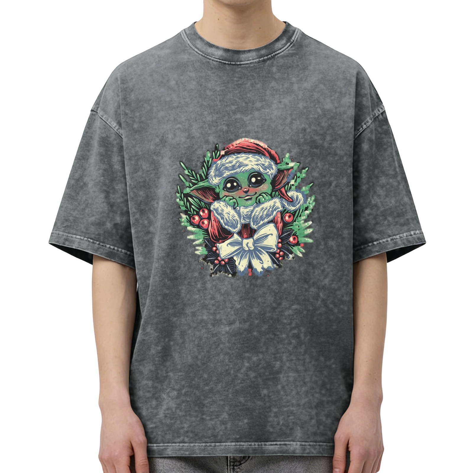 Washed Black T-Shirt With Christmas Baby Alien Graphic