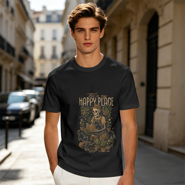 Happy Place Skeleton Gardener Cat Plant Lover T-Shirt
