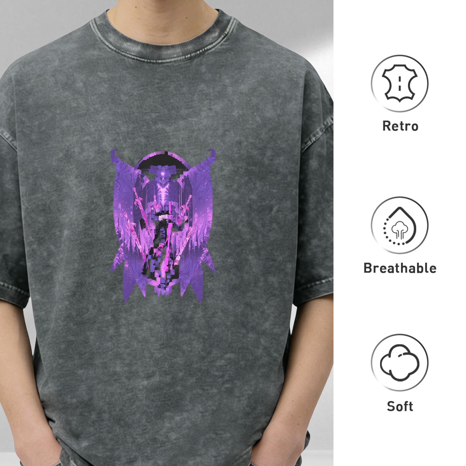 Washed Black T-Shirt With Purple Dark Angel Graphic Print