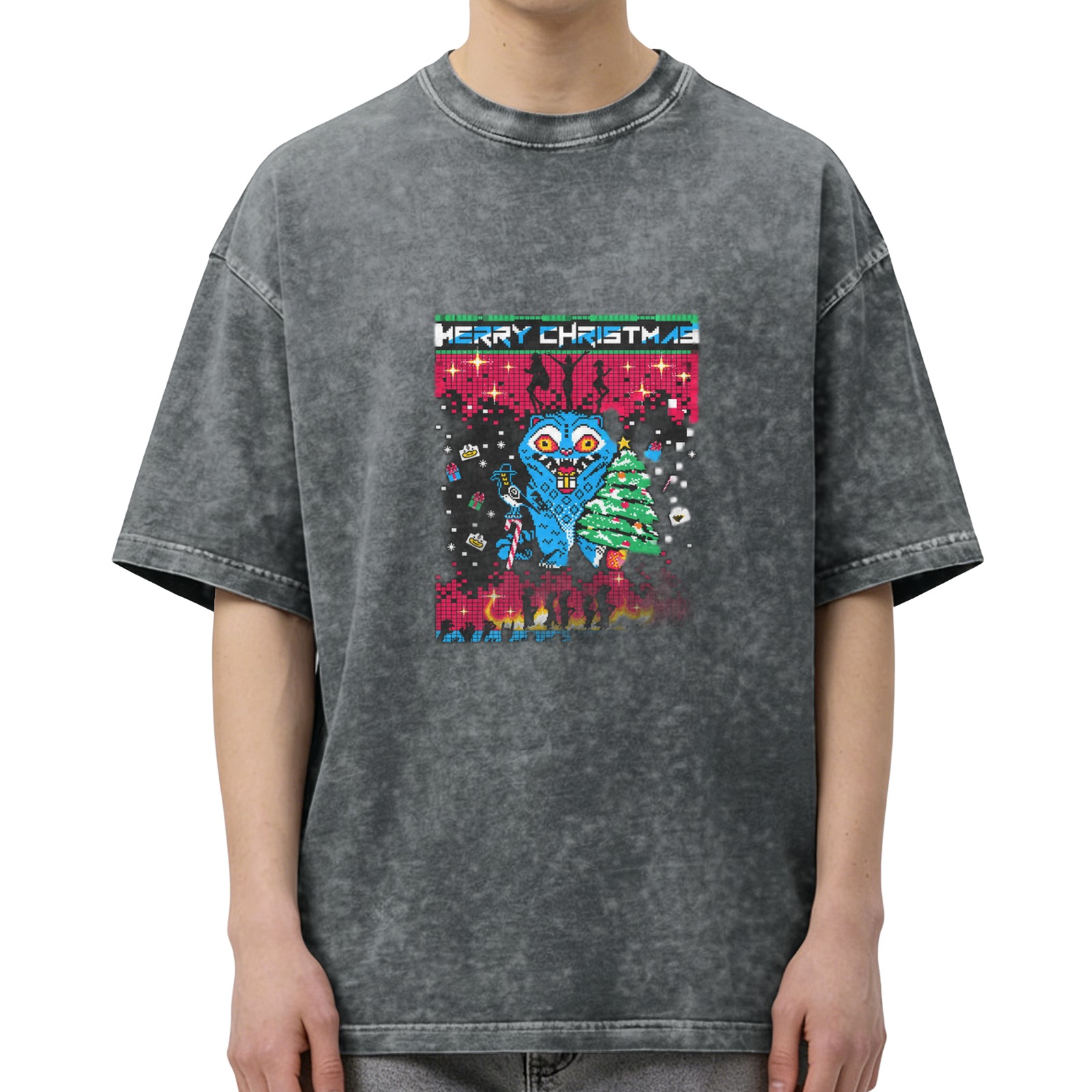 Oversized Acid Wash T-Shirt With Pixel Art Christmas Monster Print