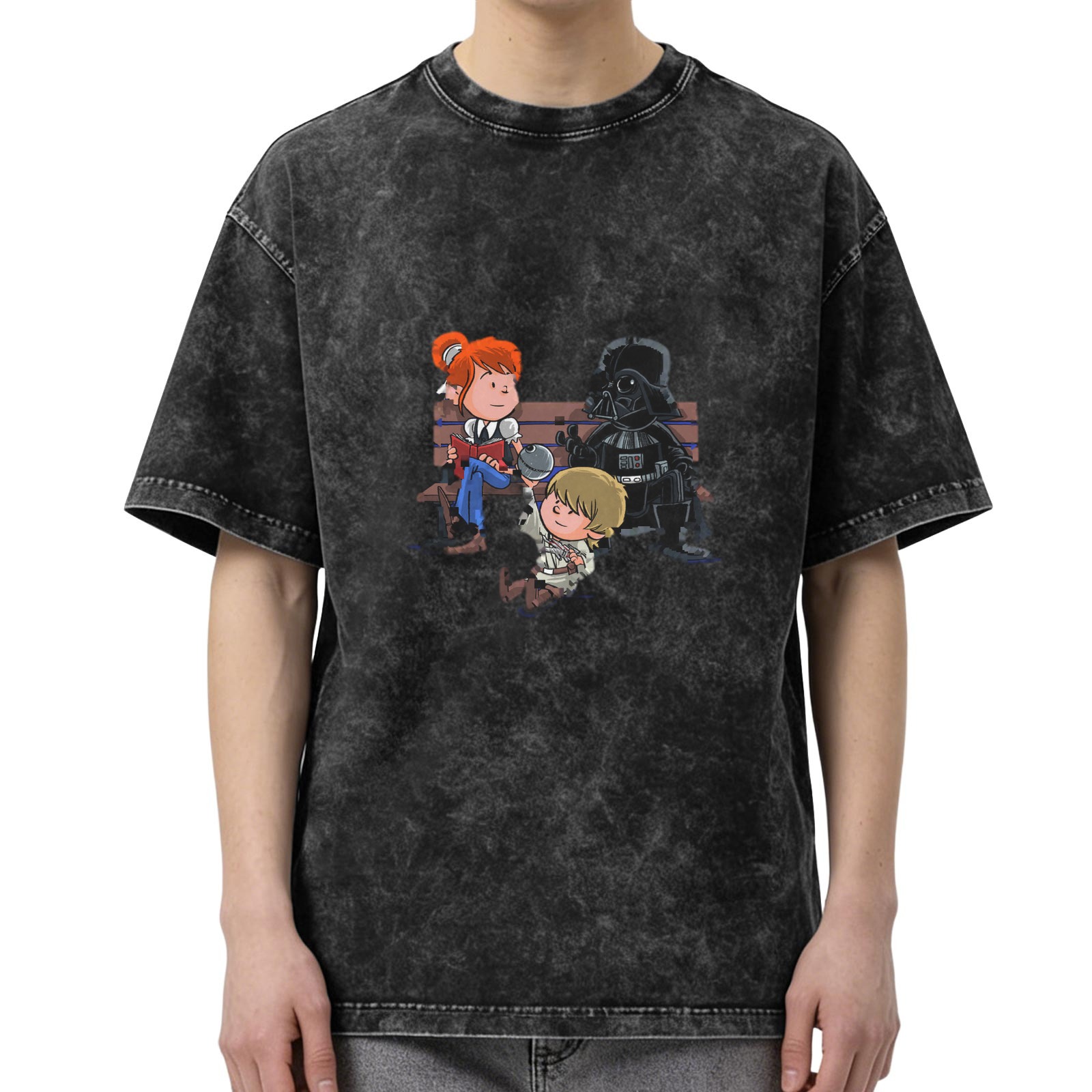 Washed black t-shirt with cartoon Star Wars characters graphic
