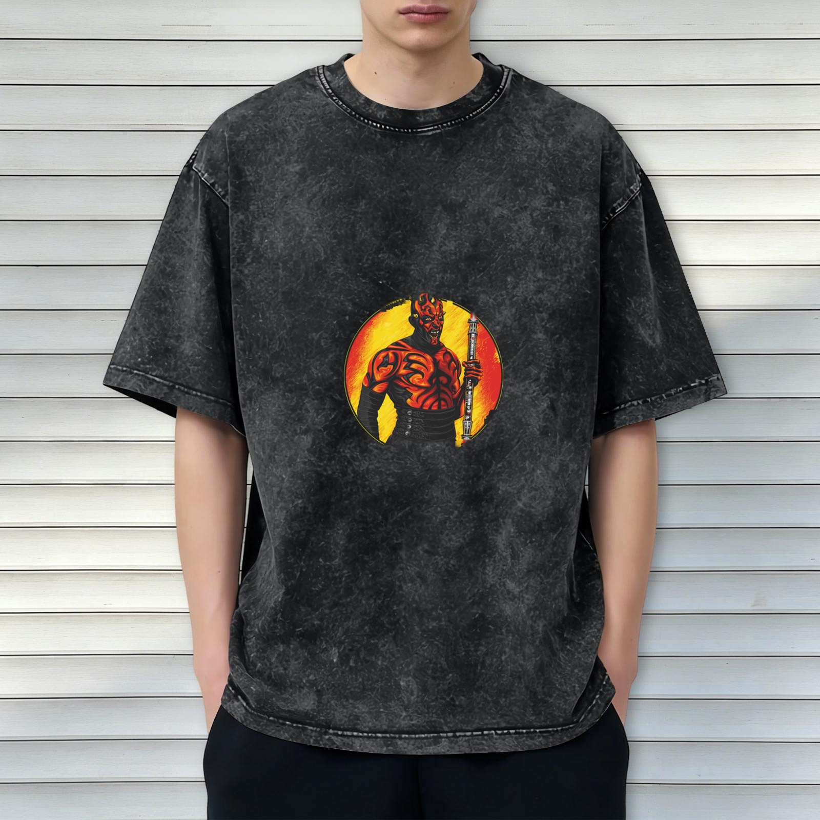 Oversized Acid Wash T-Shirt With Darth Maul Graphic Print