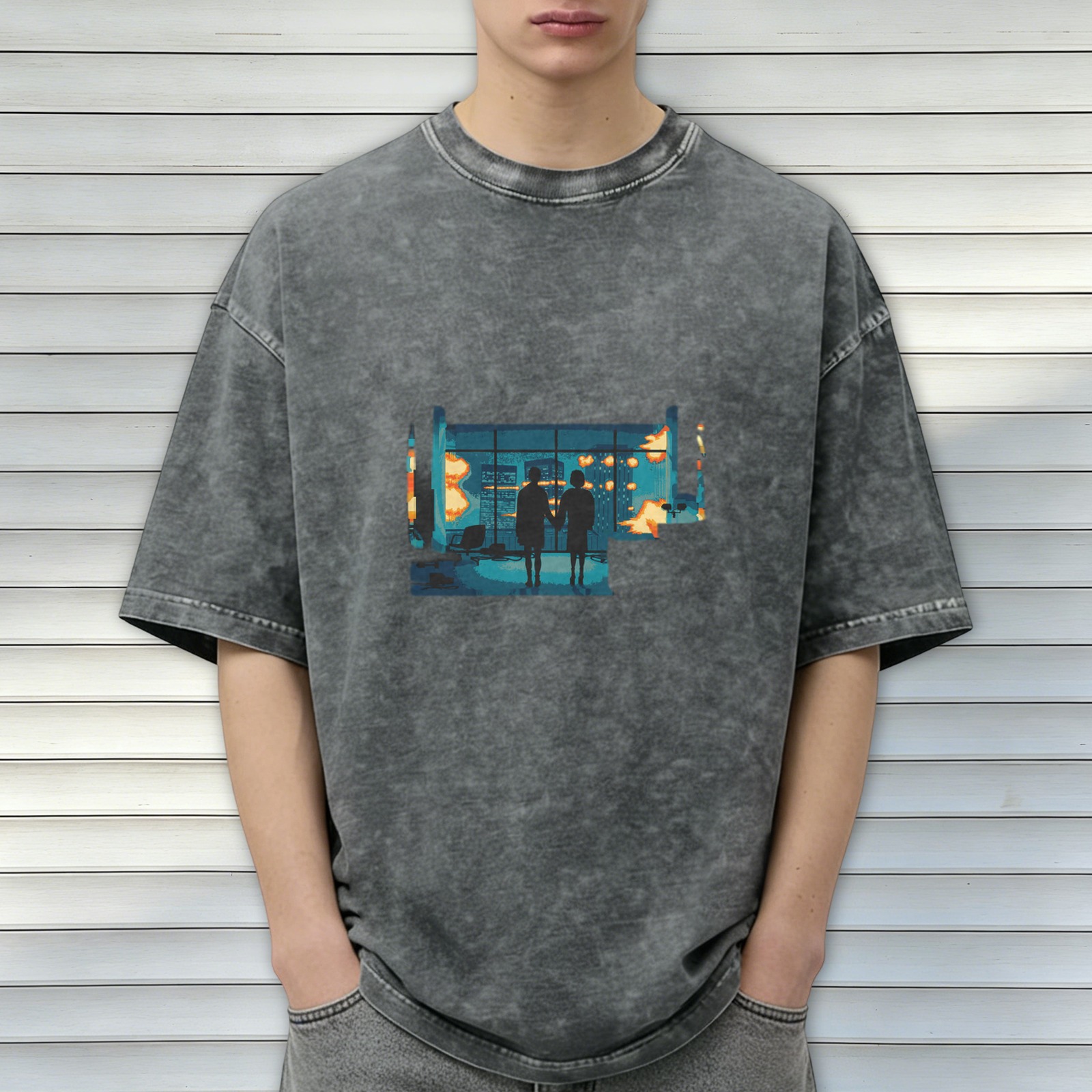 Distressed washed black short-sleeved T-shirt with pixel style explosion scene pattern of people holding hands printed on the back, loose fit