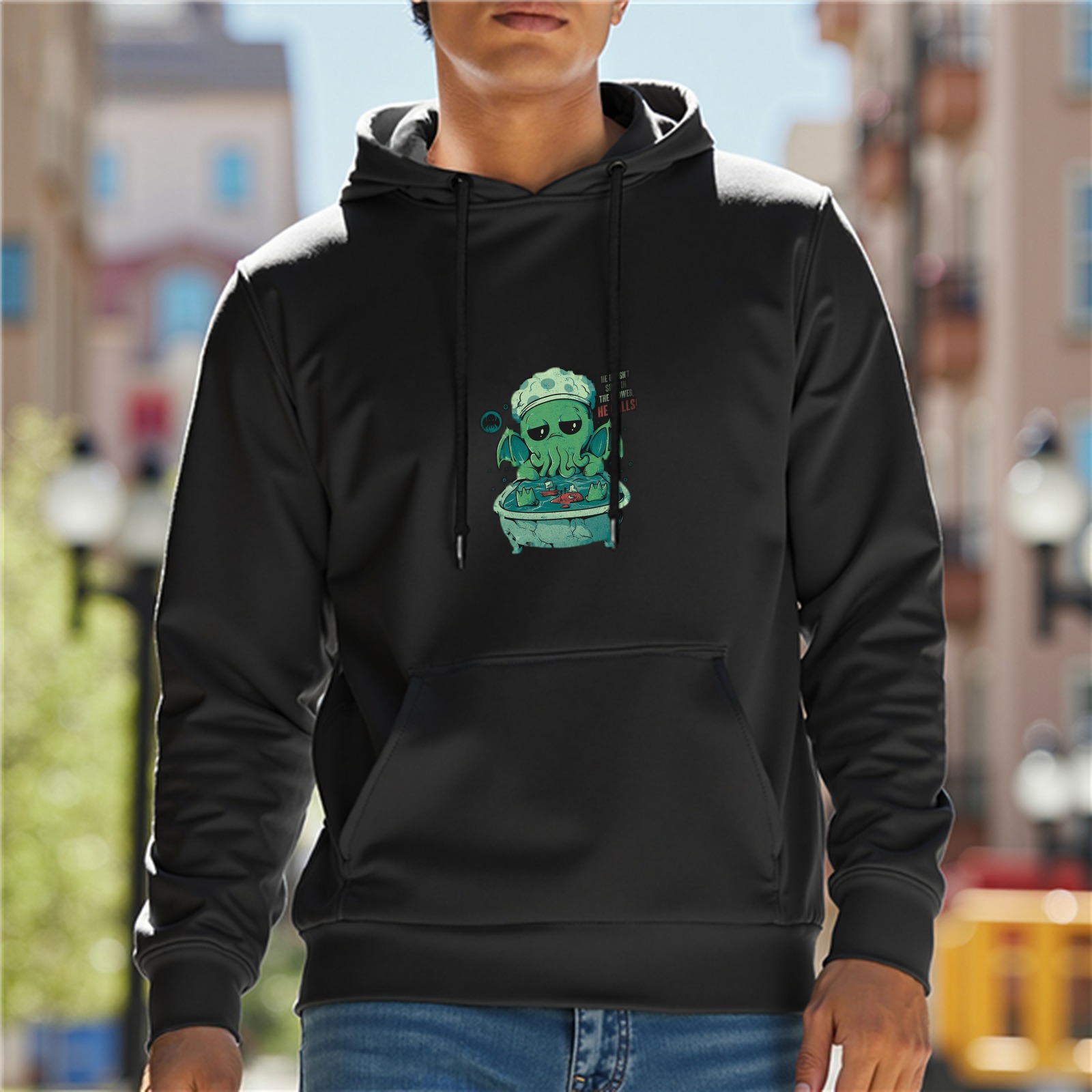 Black Hoodie With Cute Cthulhu Bathing Graphic