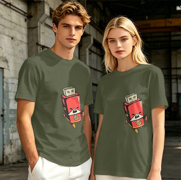 Olive T-Shirt With Cartoon USB Flash Drive Character Print