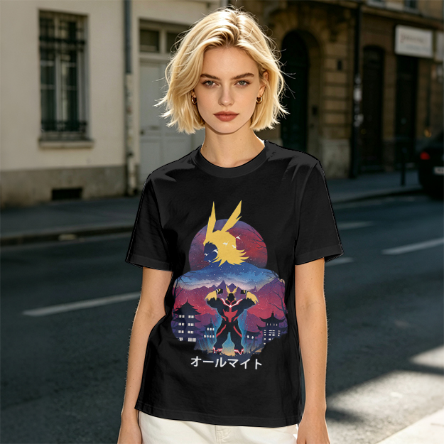 Olive t-shirt with All Might anime character graphic print