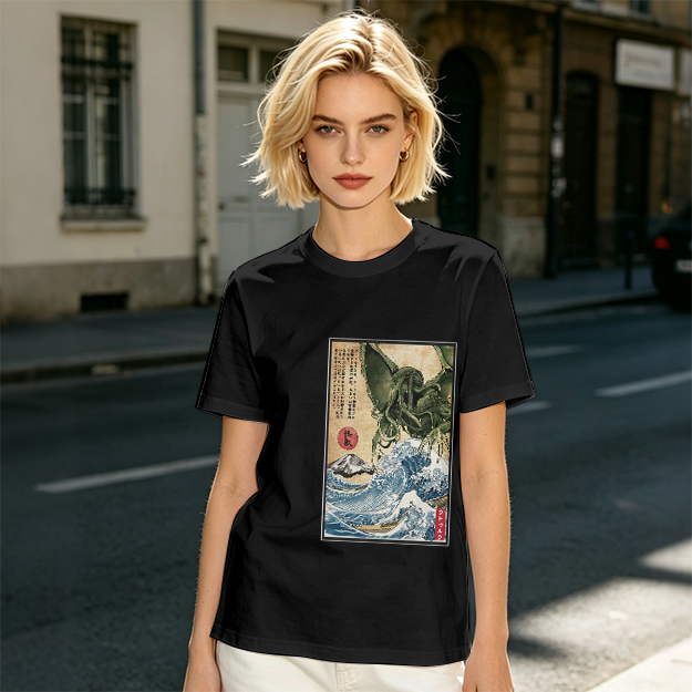 Olive T-shirt with Japanese ukiyo-e style Cthulhu wave print