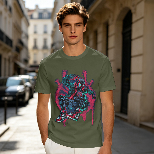 Olive T-Shirt Featuring Miles Morales Spider-Man Graffiti Art