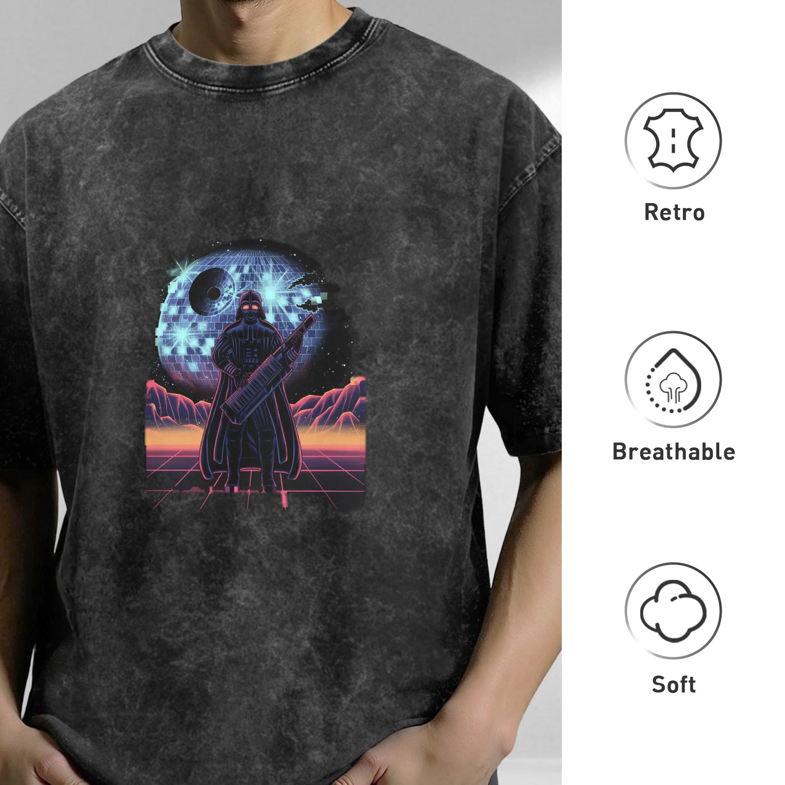 Retro Synthwave Darth Vader Disco Death Star Graphic T-Shirt