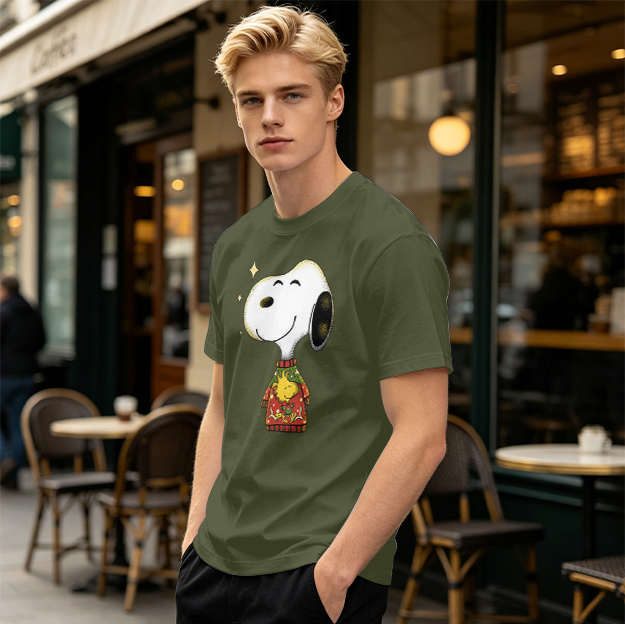 Olive T-shirt with Snoopy in Christmas Sweater Graphic