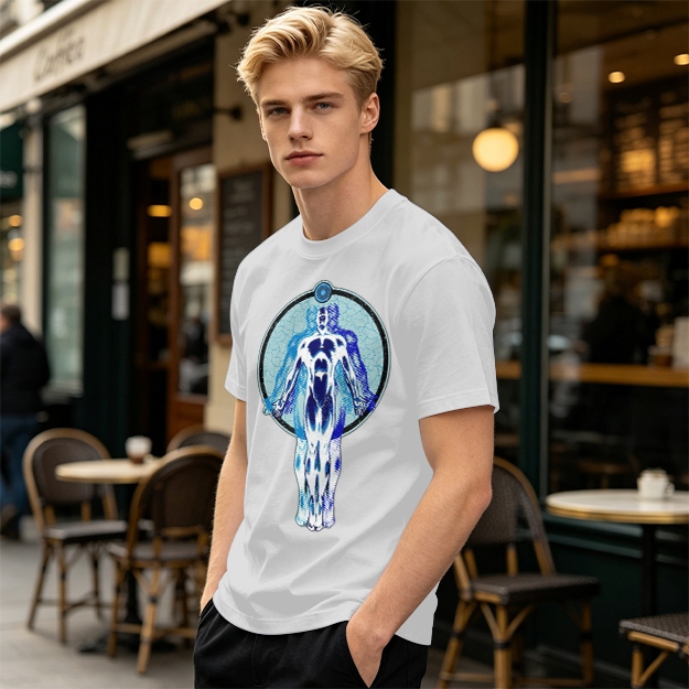 Olive T-Shirt with Glowing Blue Superhero Figure Graphic