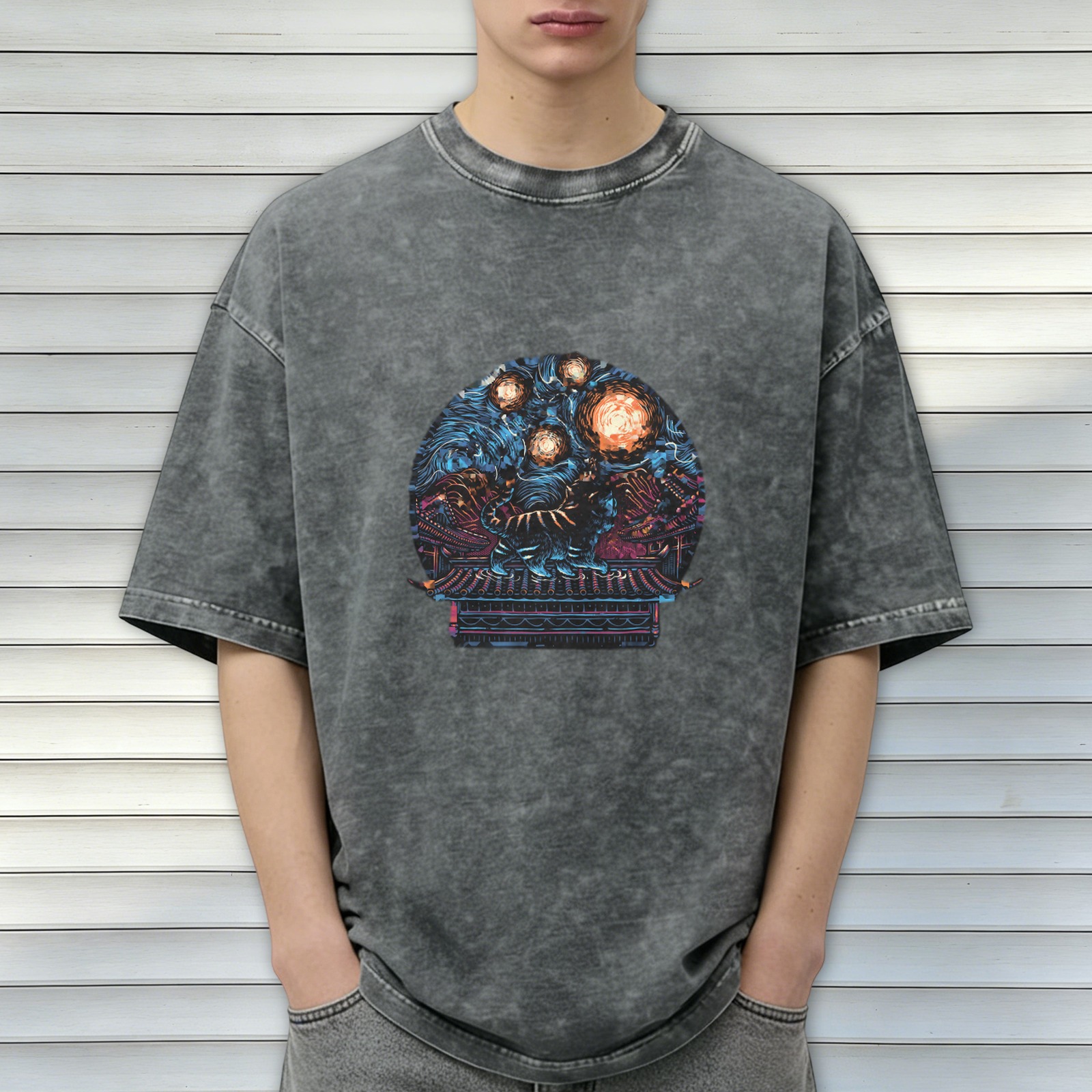 Washed Black Graphic T-Shirt With Mystical Cosmic Art Print