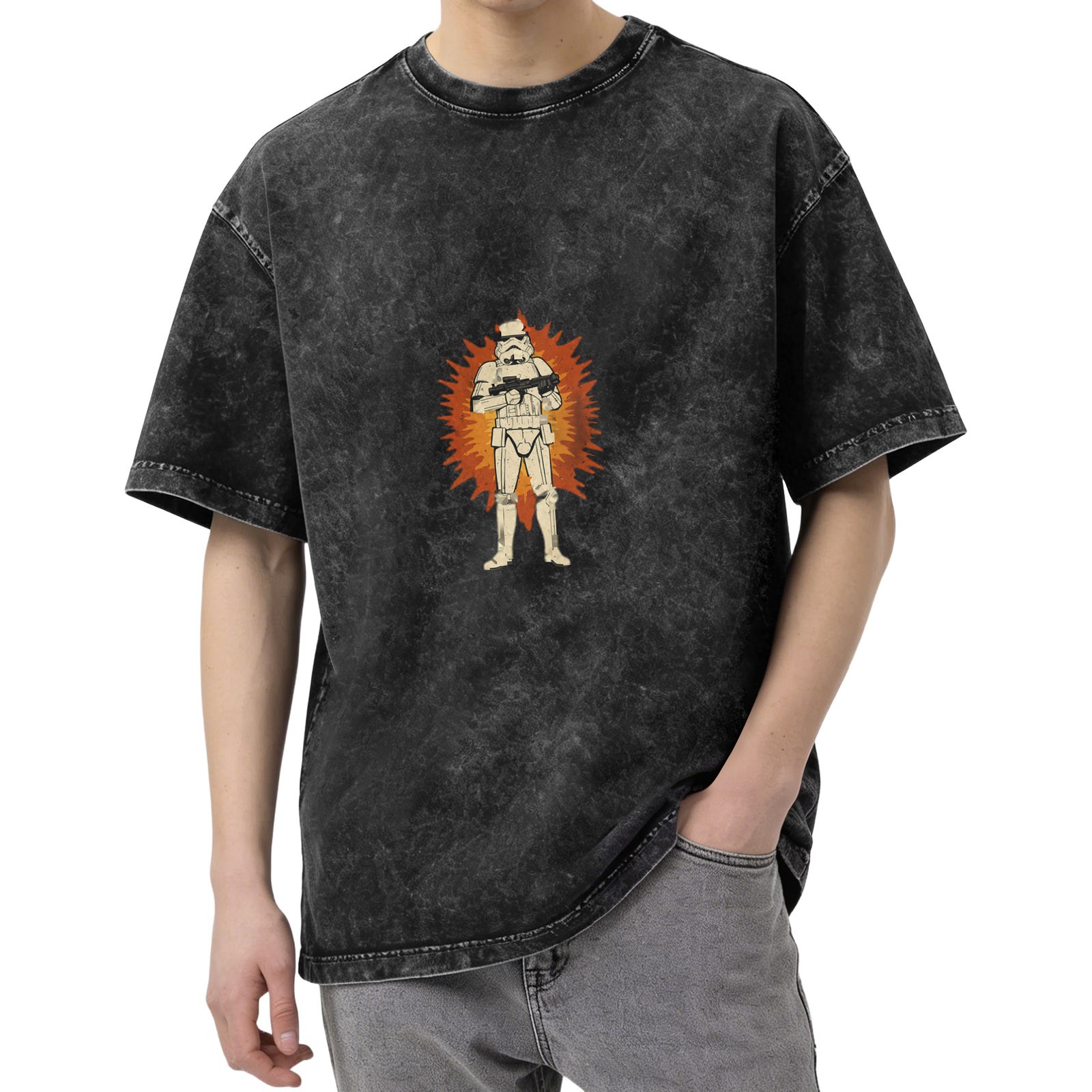 Washed Black Oversized T-Shirt with Star Wars Stormtrooper Graphic
