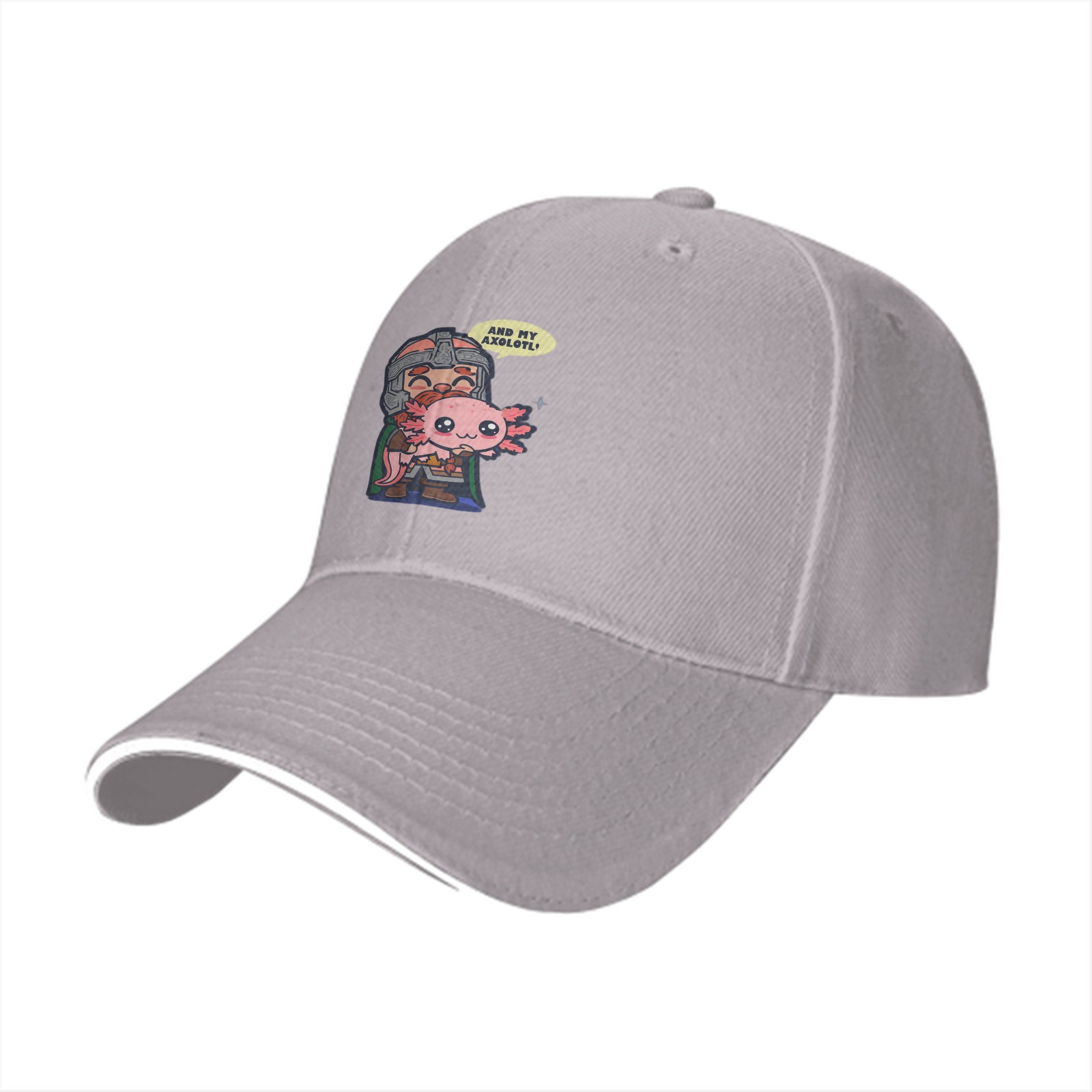 Black baseball cap with dwarf holding axolotl graphic
