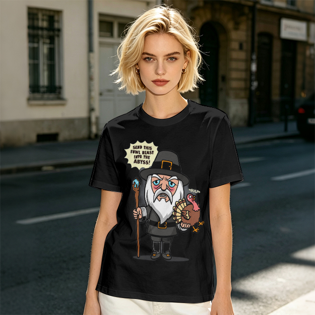 Wizard Pilgrim Holding Turkey Funny Thanksgiving T-Shirt Design