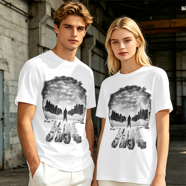 Olive Green T-Shirt With Skull Silhouette Cityscape Artwork